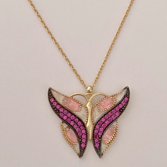Silver pink butterfly enamel necklace - Picture 3 of 3